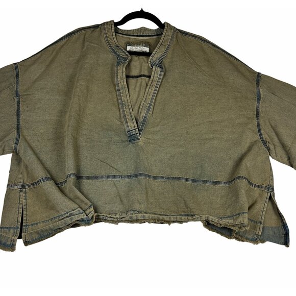 FREE PEOPLE Women’s Jude Denim Oversized Peasant Pullover Top Sz XL Warm Camel - Picture 7 of 10